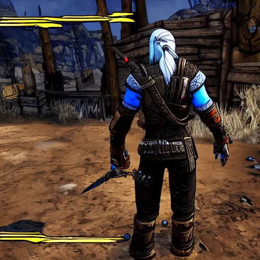 Image similar to Geralt of Rivia in Borderlands 2, screenshot, pc game