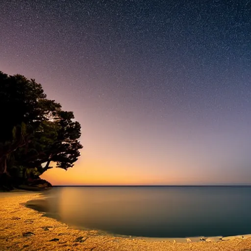 Prompt: peaceful sea at night full of stars night dawn clear waters clear skies
