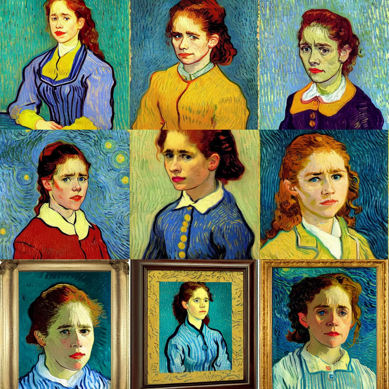 Prompt: portrait of a young Pam Beesly by van gogh