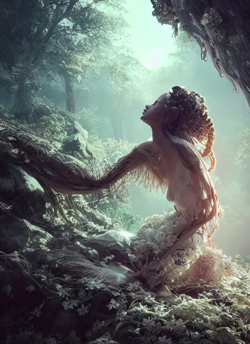 Image similar to beauteous sumptuous biomechanical incredible hair, crystalline masterpiece incrustations, hyperdetailed face, elegant pose, movie still, intricate, octane render, cinematic forest lighting, cgsociety, unreal engine, crepuscular rays, god rays