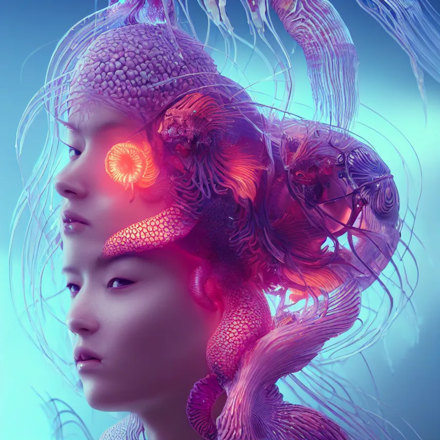 Image similar to goddess close-up portrait. orchid jellyfish phoenix head, nautilus, skull, betta fish, bioluminiscent creatures, intricate artwork by Tooth Wu and wlop and beeple. octane render, trending on artstation, greg rutkowski very coherent symmetrical artwork. cinematic, hyper realism, high detail, octane render, 8k