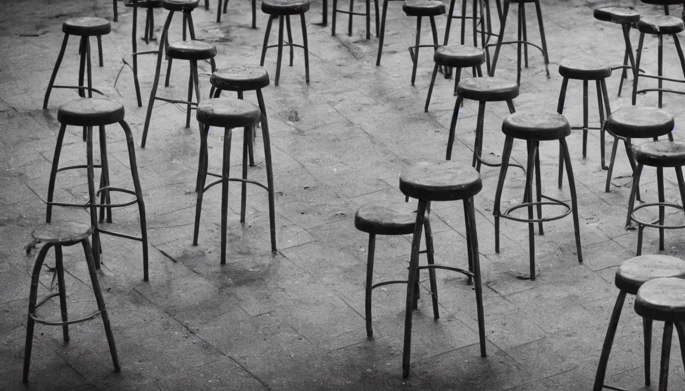 Prompt: empty fair, stools, no people, sad, melancholic, depressing, very detailed, emotional, 4 k