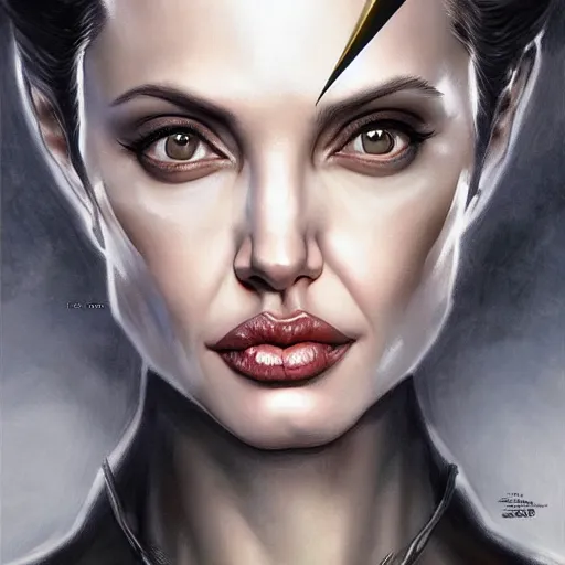 Image similar to Angelina Jolie as Lucifer Morningstar, highly detailed, digital painting, artstation, concept art, smooth, sharp focus, illustration, ArtStation, art by Katsuhiro Otomo and Tom Bagshaw