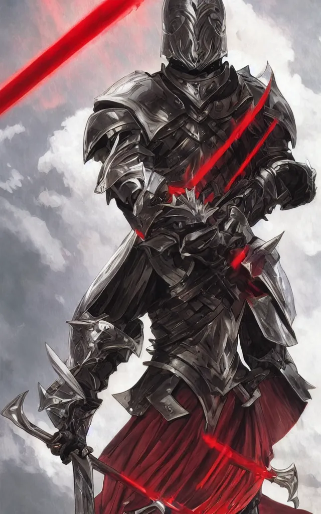 Image similar to Knight with black greatsword and black plate armour, one-eyed, emitting evil red aura, armor merging with body, full body shot, anime style, 90's modern art, art by artgerm and greg rutkowski and alphonse mucha
