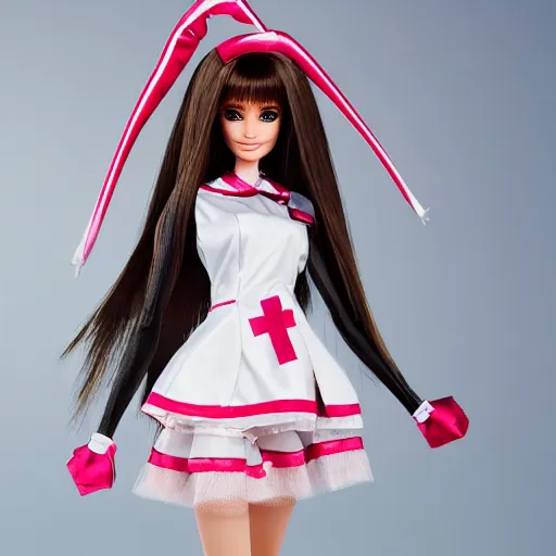 Image similar to anime barbie doll, nurse costume, full length, high heels, lace, stockings, rim of leather hare ears on the head, detail, full nd