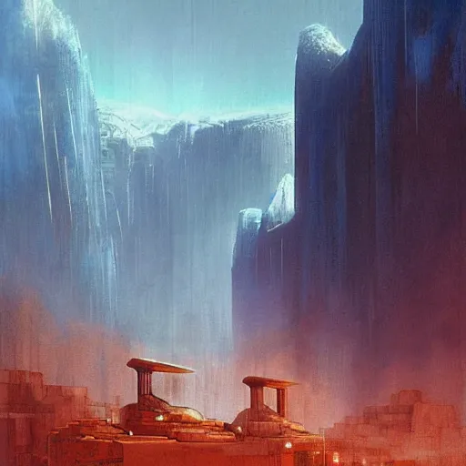 Prompt: view from a plain of a black arcology driven like a spear into the glacier, rust-colored waterfalls pouring from its upper balconies, blue radiation glow beneath, science fiction concept art by Greg Rutkowski and Moebius and Beksinski and Le Corbusier