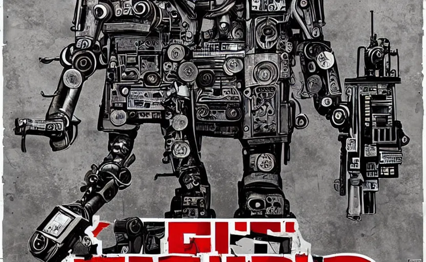 Prompt: robot made of guns, gritty, goes hard, america, poster, detailed, award winning, iconic, ww 3,