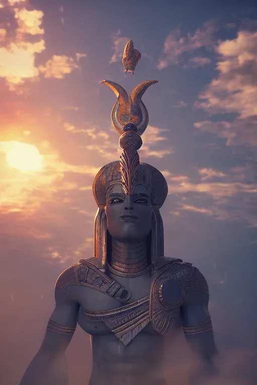 Image similar to the god horus invoking the energies of the sun, thelema, atmospheric, wide perspective, dramatic lights, micro details, grand composition, cinematic look, detailed, humidity, dust particles, photo real, ultra detailed, 8 k render, hyperrealistic octane render trending on artstation