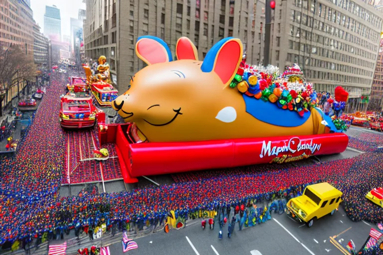 Prompt: photo of giant beautiful elaborate parade float designed by richard scarry, in the macys parade, detailed 4 k photo,