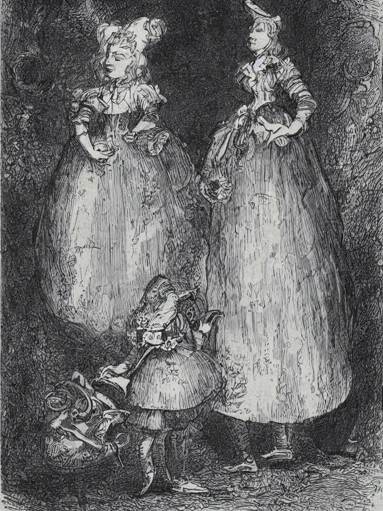 Image similar to Tenniel illustration portrait of Alice, walking in wonderland