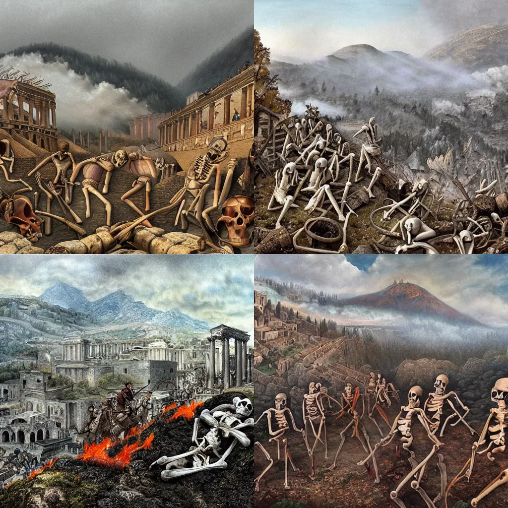 Prompt: ancient burning roman city on top of a misty mountain, grey forest in the background, armed skeletons in the foreground!!!, ultra realistic, high detail, color rich, realistic colors, wide angle, drawing by ron mueck,