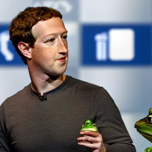 Image similar to mark zuckerberg with a frog on his shoulder