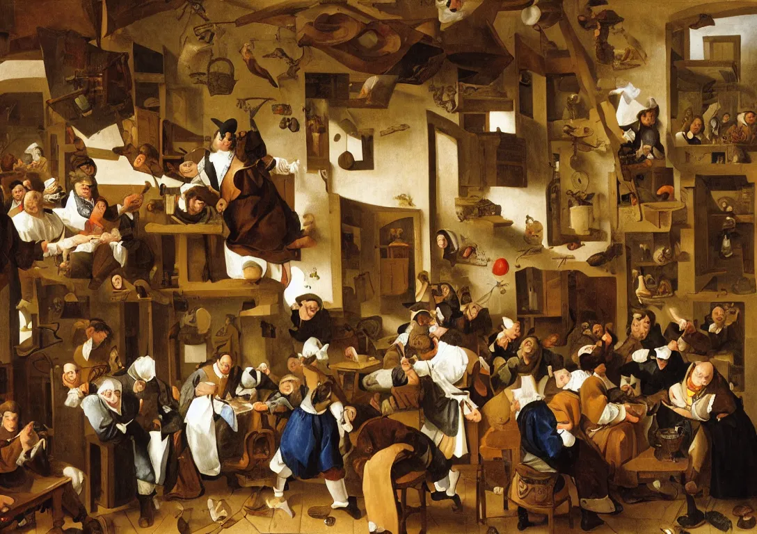 Prompt: Jan Steen arranges various actors in a small room with a window and low ceiling.