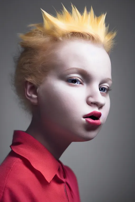 Image similar to studio portrait of girl that looks excactly like lisa simpson, lookalike, spitting image, as if lisa simpson came to life, soft light, black background, fine details, close - up, award winning photo by morten krogvold