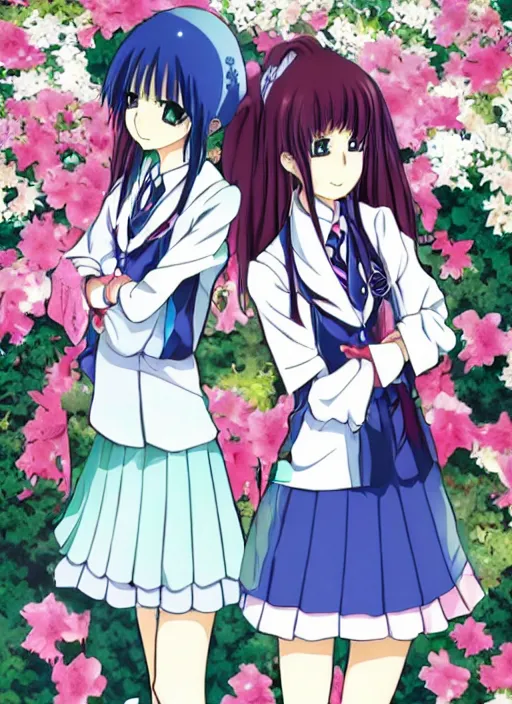 Image similar to anime manga style school girl, gen urobuchi and yuyuko takemiya, kawaii kuudere dorodere