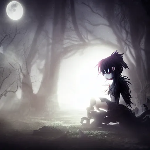 Image similar to full shot portrait of angry darkness anime girl hide under a bed at moonlight, gothic wearing, worrying eyes, inspired by Tim Burton, detailed, unreal engine 4k volumetric light, dense fog,