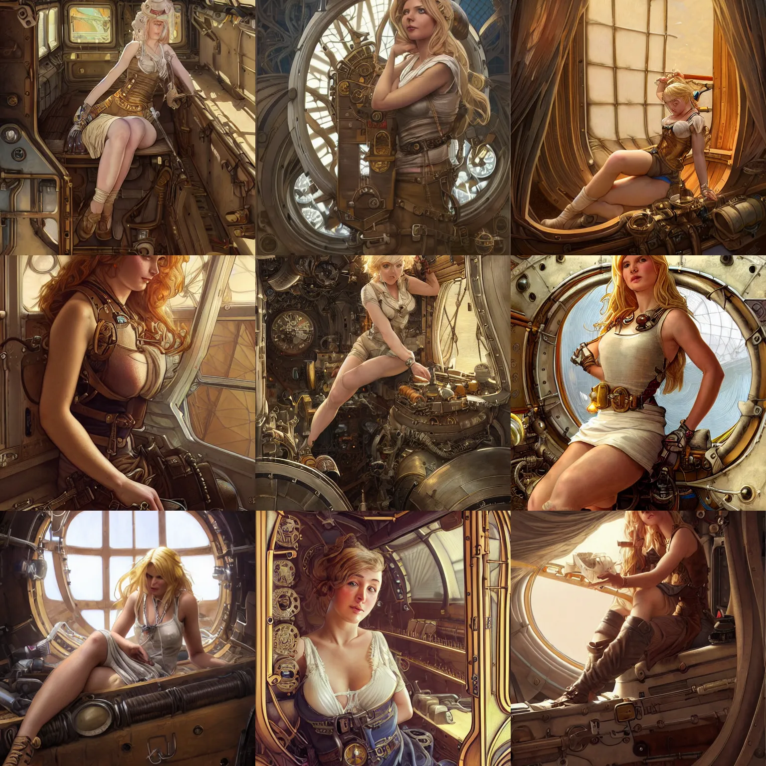 Prompt: Character portrait of a tank top-clad blonde female airship mechanic resting in her cramped bunk, steampunk, intricate, elegant, highly detailed, digital painting, artstation, concept art, matte, sharp focus, illustration, art by Artgerm and Greg Rutkowski and Alphonse Mucha