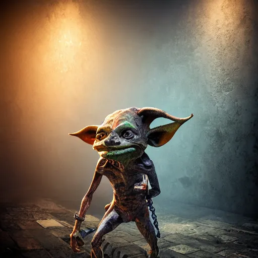 Image similar to full body pose, hyperrealistic photograph of a goblin rockstar, dim volumetric lighting, 8 k, octane beautifully detailed render, extremely hyper detailed, intricate, epic composition, cinematic lighting, masterpiece, trending on artstation, very very detailed, stunning, hdr, smooth, sharp focus, high resolution, award, winning photo, dslr, 5 0 mm