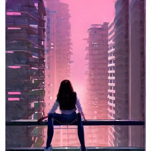 Prompt: a beautiful artwork of a woman in jeans and white shirt sitting on the balcony of a hotel at night, top view, neon and rainy theme atmosphere by Jerome Opeña, featured on artstation