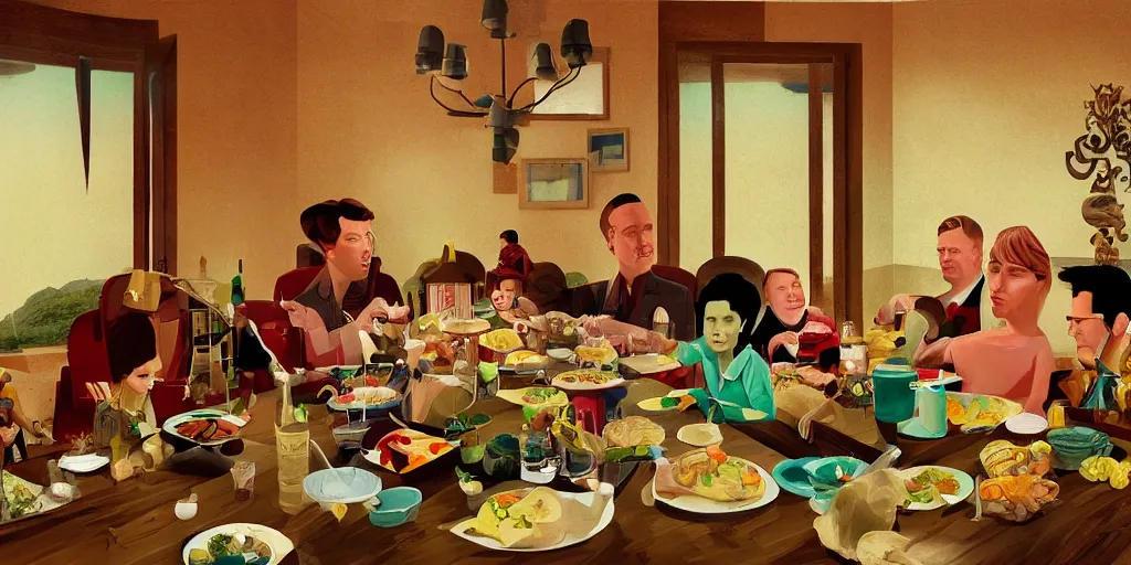 Prompt: A family lunch in the style of David Lynch, by Wes Anderson, surreal, concept art, wide angle, arstation