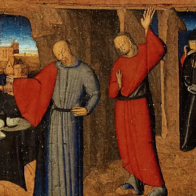 Image similar to a medieval painting of a priest seeing a ufo alien spaceship in the sky outside