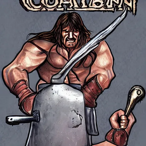 Prompt: conan the barbarian working as a barista in the style of conan the barbarian by frank frazzetta