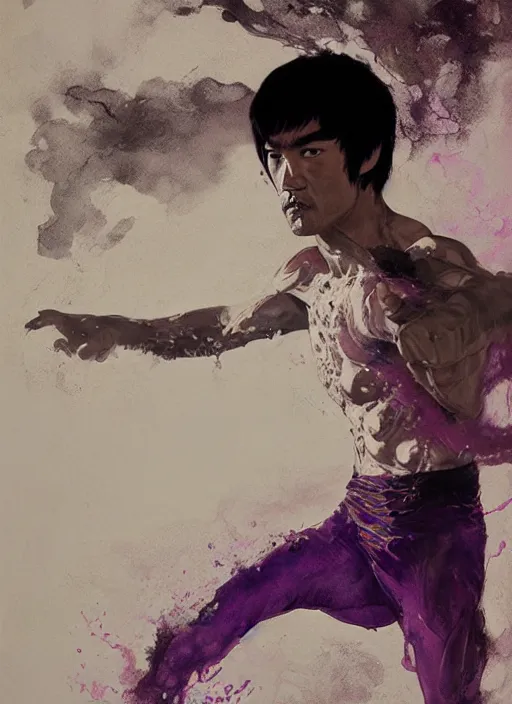 Image similar to bruce lee emerging from purple and black water by greg rutkowski, claude monet, conrad roset, takato yomamoto, rule of thirds, sigma look, beautiful