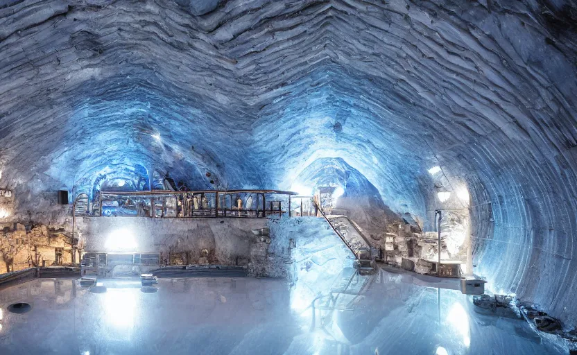 Prompt: a blue marble glistening cathedral in a salt mine, artstationhq