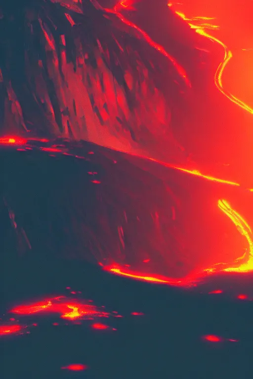 Image similar to a 2d drawing of lava flowing through mountains, cyberpunk palette, hd phone wallpaper