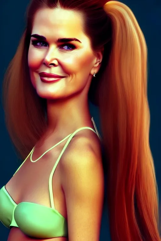 Image similar to mix of beautiful young maria shriver, mariel hemmingway, brooke shields, nicole kidman and elle macpherson as a young bikini model, thin lips, hair tied up in a pony tail, dark blonde hair, colorful, artstation, cgsociety