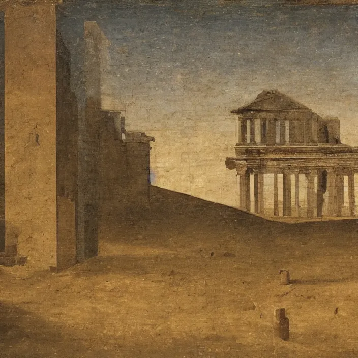 Prompt: a building in a serene landscape, ancient roman painting