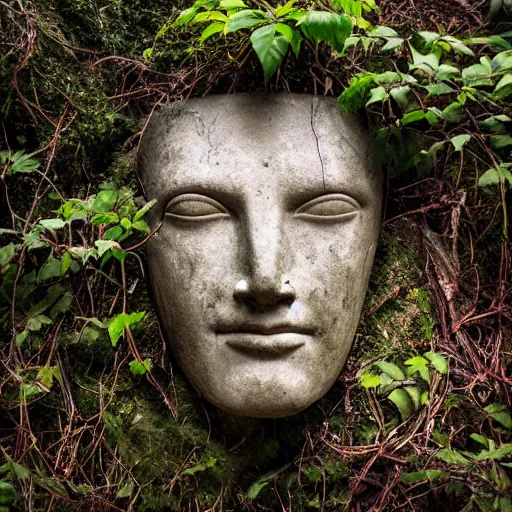 Image similar to head of an ancient floating amongst vines and jungle