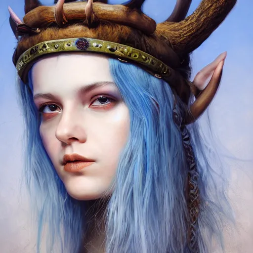 Image similar to A young female shaman, blue hair and antlers on her head. blindfolded, heilung, in the style of Heather Theurer, headshot photoshoot, insanely detailed and intricate, beautiful, elegant, cinematic toplight, portrait, headroom, artstation, karol bak