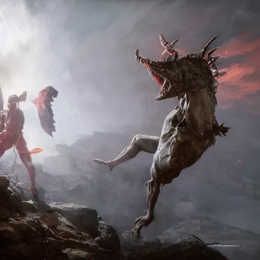 Prompt: an epic battle between the devil and god, volumetric lighting, 8 k octane beautifully detailed render, post - processing, extremely hyper - detailed, intricate, epic composition, cinematic lighting, masterpiece, trending on artstation, detailed detailed detailed, masterpiece, stunning art by anders zorn, wonderful masterpiece by greg rutkowski, beautiful cinematic light,