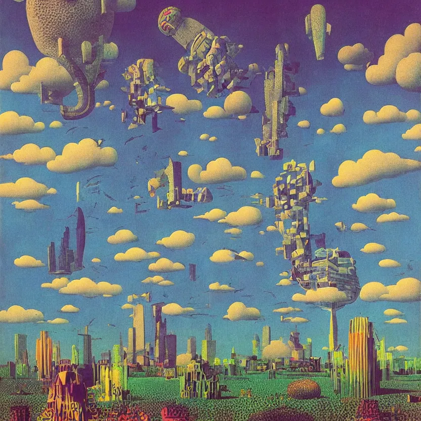 Image similar to surreal glimpse into other universe, mahanakorn tower with airship floating sky, summer morning, very coherent and colorful high contrast, art by! rene magritte! paul klee geof darrow, volumetric lighting, cinematic, floralpunk screen printing woodblock, dark shadows, hard lighting, stipple brush