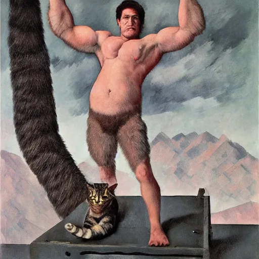 Image similar to absolutely yoked shredded physique fuzzy furry ears Portrait of Lou Ferrigno camouflaged as Tabby Cat whilst wearing a pink tuxedo Standing atop a Garbage Truck Greg Rutkowski Eric Ravilious Paul Cezanne Andrew Wyeth Jamie Wyeth