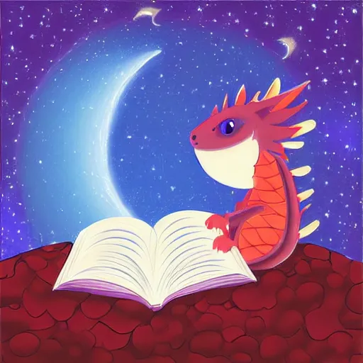 Prompt: cute dragon reading book under the stars, digital art