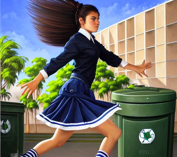 Prompt: portrait of an Italian Mexican teen female schoolgirl wearing a navy and white sepuku uniform and jumping outside a green trashbin in Kalakaua avenue in Waikiki by James Jean, intricate, elegant, highly detailed, centered, digital painting, artstation, concept art, smooth, sharp focus, illustration, by Peter Mohrbacher, WLOP