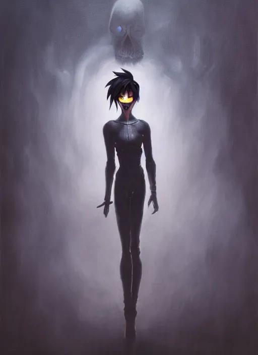 Image similar to dark portrait painting of tracer from overwatch, in style of zdzisław beksinski, scary, horror, overwatch tracer character, dressed in dark garment, tall,