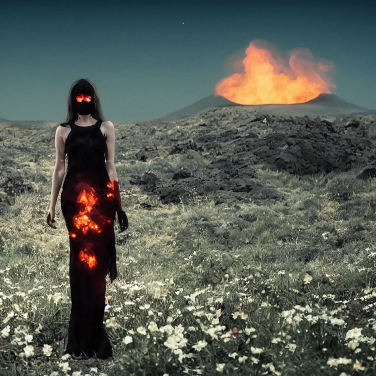 Image similar to The full body shot of beautiful pale woman with many flowers and full-face black mask with glowing halo inside a thick black smoke in rocky desert landscape, glowing eyes, falling star on the background, burning earth by Christopher Doyle, Gaspar Noe, Alejandro Jodorowsky, anamorphic lens, cinematic composition, award winning photo, 8k