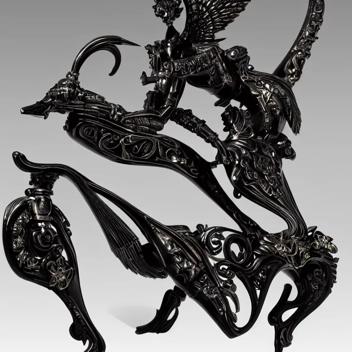 Image similar to fine art statue of masculine black egyptian god on a surrealist motorcycle, ebony art deco, carved black marble, inlaid with ebony and gold accents, ebony rococo, wings black lace wear, sculpted by spider zero, zaha hadid, beautifully lit, hyper detailed, intricate, elite, ornate, photorealistic, micro details, 3 d sculpture, ray trace