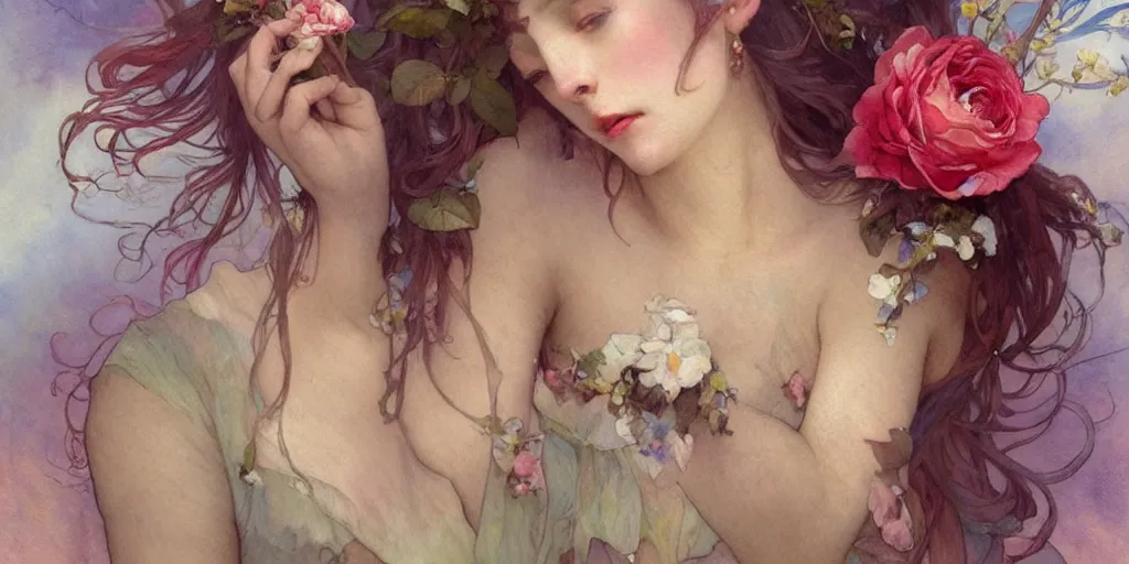 Prompt: a beautiful insanely intricate watercolor painting of a beatutyful fairy with rosebuds, reflexions, colorfull, by william turner art, by greg rutkowski, by alphonse mucha, by james jean, by rossdraws, by frank franzzeta, by sakimichan, trending on artstation, insanely detailed, masterpiece,