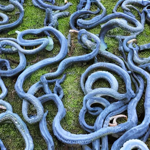 Image similar to a forest of trees made out of stone, blue tentacles