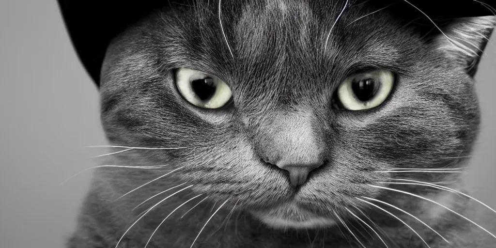 Image similar to a close up sad cat wearing a black hoodie, black hat, studio potrait, dramatic lighting, black background, highly detailed