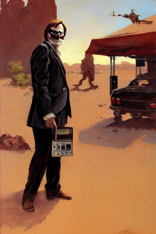 Image similar to saul goodman at a lonely!!!! pay phone in the desert!!!!, painting by'phil hale '!!! gaston bussiere, craig mullins, greg rutkowski, alphonse mucha, lady liberty