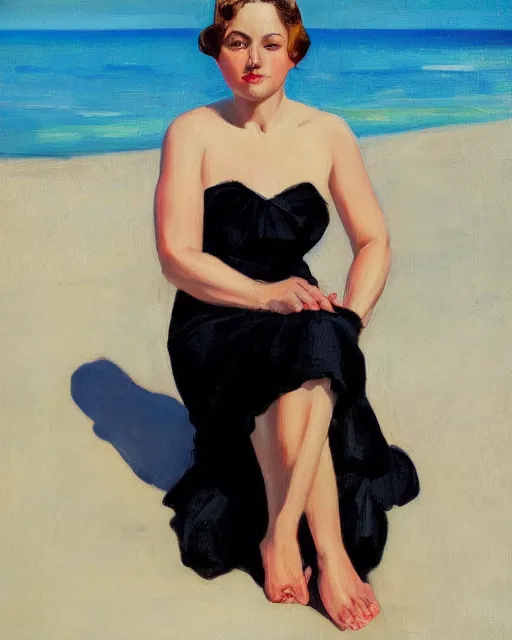 Image similar to woman sit on the beach in black dress, full body, leyendecker style, camera glare in oil style,