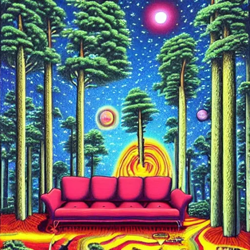 Prompt: psychedelic trippy lonely couch pine forest, planets, milky way, sofa, cartoon by rob gonsalves