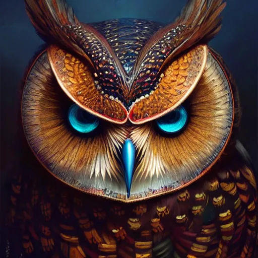 Image similar to a ultradetailed beautiful concept art of a an intricate wooden mask of an owl painted with beautiful colors, but the mask seems to hide some dark secret, concept art, sharp details, high resolution 4 k, by tom bagshaw, greg rutkowski, charli bowater and artgeem