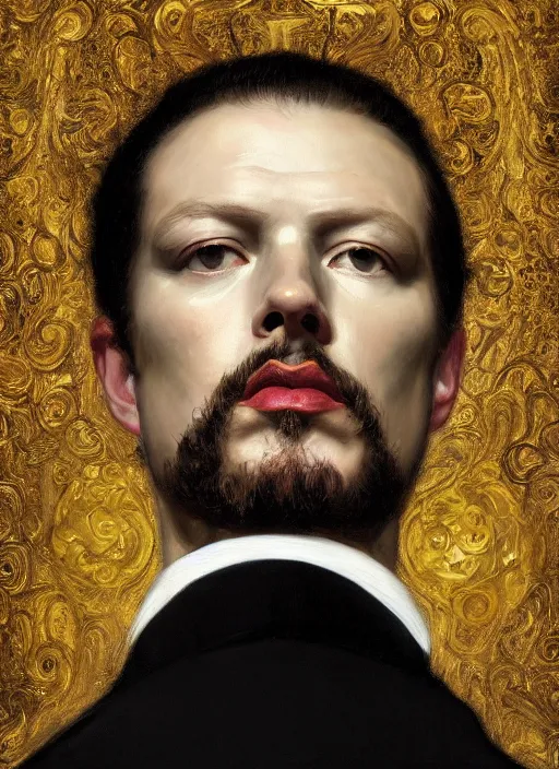 Prompt: highly detailed oil painting | very intricate | cinematic lighting | black, white and gold color scheme, dark background | the business man by alexander mcqueen | by roberto ferri, by gustav moreau, by singer sargent and klimt, american romanticism, occult art | by austin osman spare, artstation, cgsociety, official art, octane