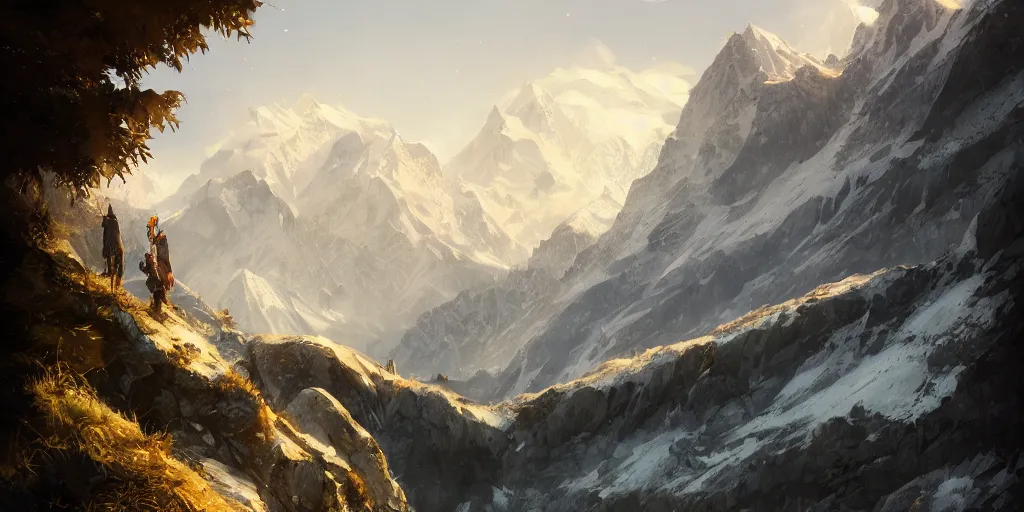 Image similar to beautiful alps landscape, magnificent, luxury, detailed, sharp focus, close up, high detail, volumetric, illustration, cold lighting, by jordan grimmer and greg rutkowski, trending on artstation, pixiv